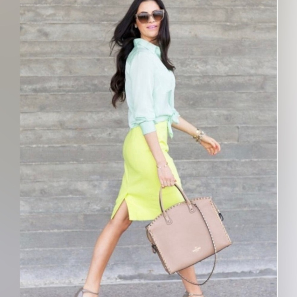 J. Crew A-Line Pencil Knee Length Skirt With Back Slit In Neon Green Siz…